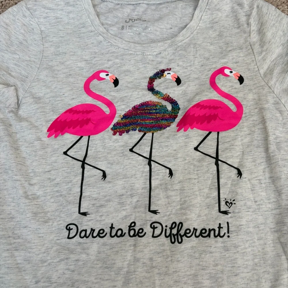 Justice “Dare to be Different” Hthr Gray Pink Flamingo Flip Sequin Tee Girls 8